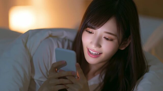 布団の中でスマホを触る日本人女性