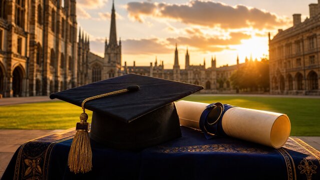 Graduation Cap and Diploma on University Campus at Sunset