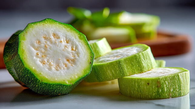 Slices of fresh green zucchini squash on marble cutting board with zucchini