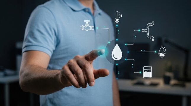 Man's hand actively touching a futuristic digital interface for smart water resource management, IoT automation, sustainable living, environmental monitoring concept modern technology business concept