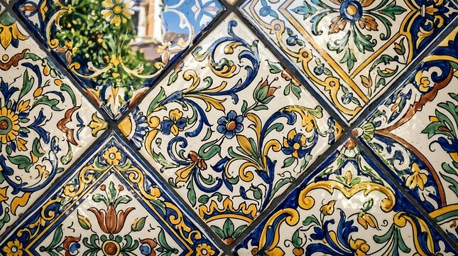 Traditional hand painted floral ceramic tiles with mediterranean pattern