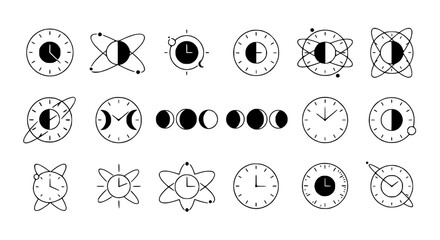 Cosmic Time Icons: Clocks, Orbits, Moon Phases & Abstract Celestial Symbols © Fajar