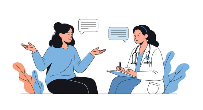 Female patient consulting with a professional doctor in a white coat while she takes notes during a medical appointment.