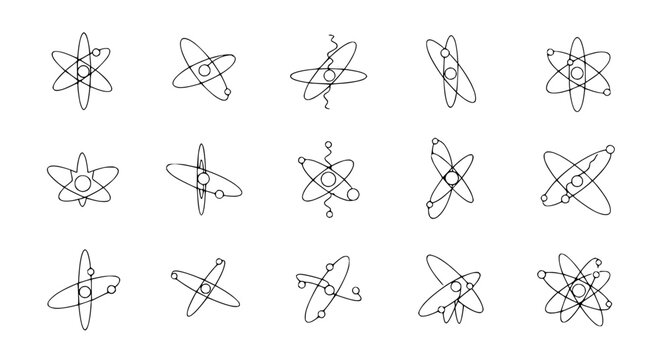 Hand-drawn atom models with orbiting electrons on white background