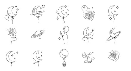 Whimsical Celestial Balloons & Planets Line Art Collection: Moon, Stars, Galaxy, Saturn © Fajar