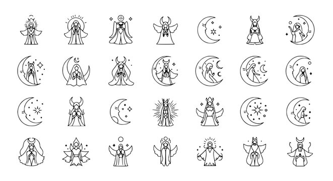 Celestial Goddesses and Moons Line Art Icons Collection