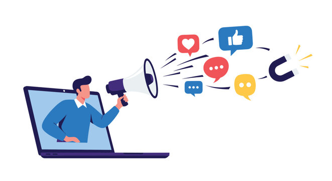 Influencer using a megaphone to attract social media likes hearts and followers through a laptop screen for marketing.