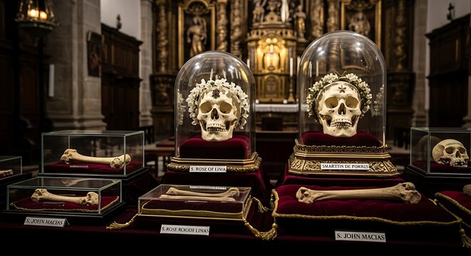 Ornate Religious Relics Displayed Under Glass Domes in Historic Church Interior