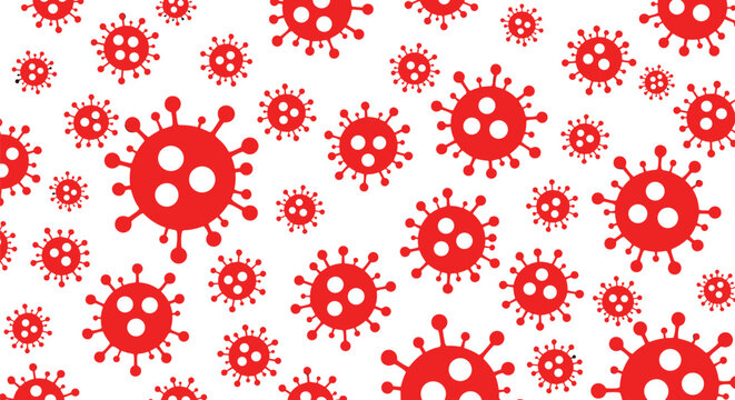 Microscopic view of red virus cells and bacteria on a white background representing a global health pandemic.