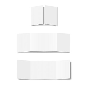 White blank three panel gate fold brochure. Vector mockup. Gatefold card front, back side. Mock-up. Leaflet, newsletter, invitation. Template for design