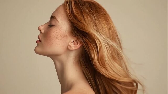 Beautiful young woman with red hair and freckles in side profile with eyes closed and hair blowing against neutral background