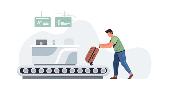Man at airport check-in counter with luggage on conveyor belt, travel concept