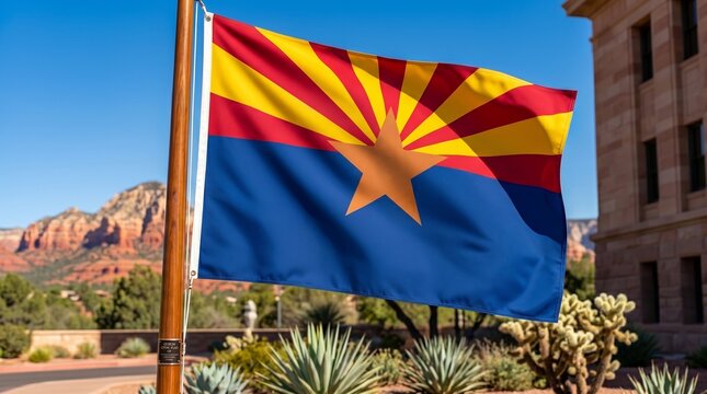 Arizona state flag with copper star, red and yellow rays, and blue field waving outdoors, desert landscape of cacti, trees, and mountains under clear sky.