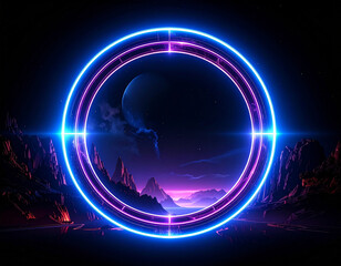 Futuristic neon portal over alien landscape with planet