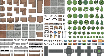 Top down map elements vector set aerial view of houses, trees, roads, cars, park playground, fences, and people for game design © SampaRani