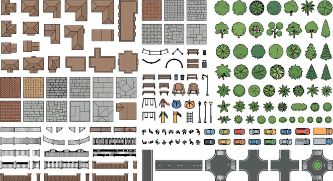 Top down map elements vector set aerial view of houses, trees, roads, cars, park playground, fences, and people for game design