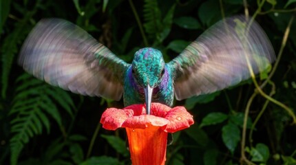 Fototapeta premium Hummingbird hovering over a flower feeder with wings spread.