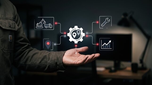 Man presenting holographic supply chain network with integrated data analytics and asset tracking, operations management, logistics technology, smart enterprise modern technology business concept