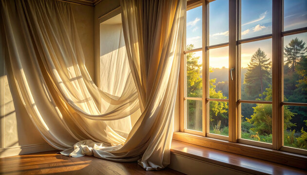 Sunlit Window with Flowing Curtains