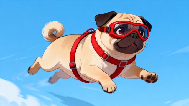 Flying Pug in Red Harness Against Blue Sky