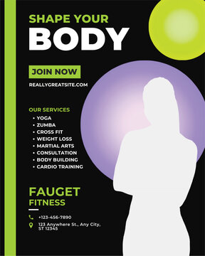 Fitness poster template, gym advertisement, body shape silhouette, wellness services