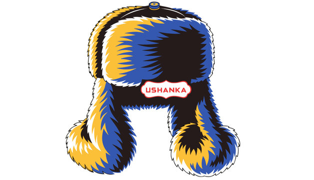 Very beautiful USHANKA featuring soft fur textures, ear flaps, winter styling, traditional craftsmanship, and a decorative label reading "USHANKA", realistic colorful vector illustration isolated on 