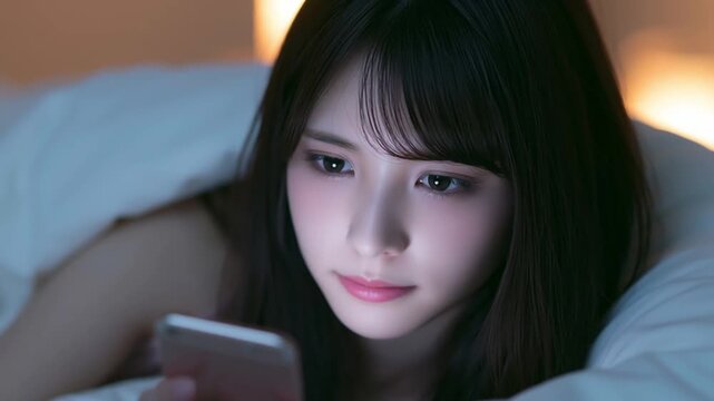 布団の中でスマホを触る日本人女性