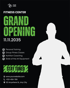 Fitness center grand opening, gym promotion, workout poster, health club ad, exercise flyer