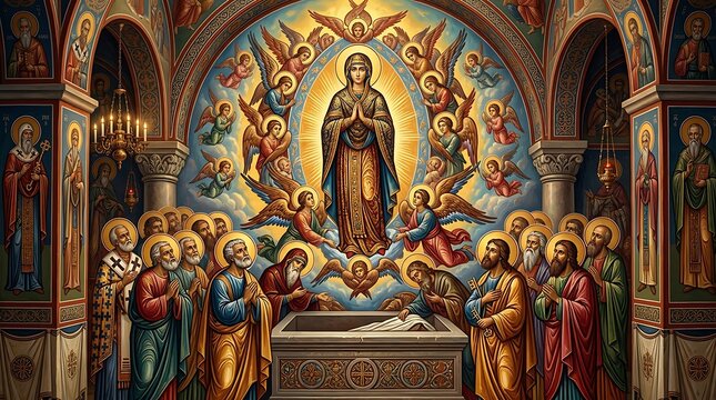 Orthodox church mural depicting the assumption of mary into heaven