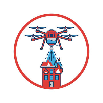 Drone dropping water on burning building.