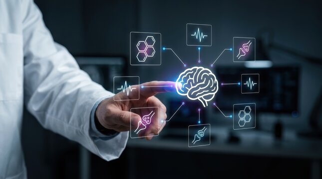 Medical professional interacting with glowing virtual brain surrounded by interconnected biological data icons, neuroscience research, biotechnology innovation modern technology business concept