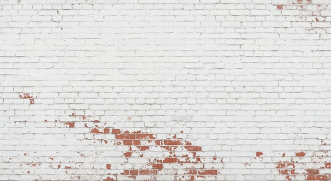 White painted brick wall with distressed red brick texture. Weathered white painted brick wall background.