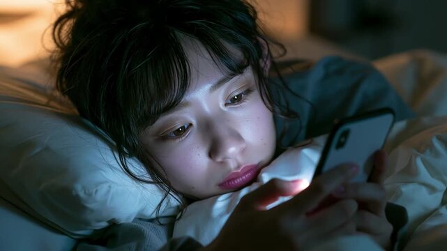 布団の中でスマホを触る日本人女性