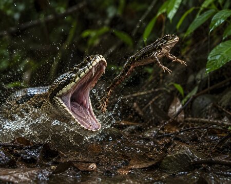 Frog Escaping Snake Attack in Mid Air &ndash; Dramatic Wildlife Survival Scene in Dense Tropical Rainforest