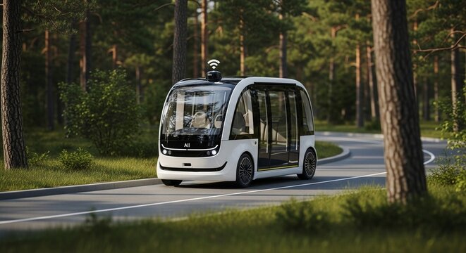 A futuristic autonomous shuttle driving on a forest road, representing advanced transportation technology.