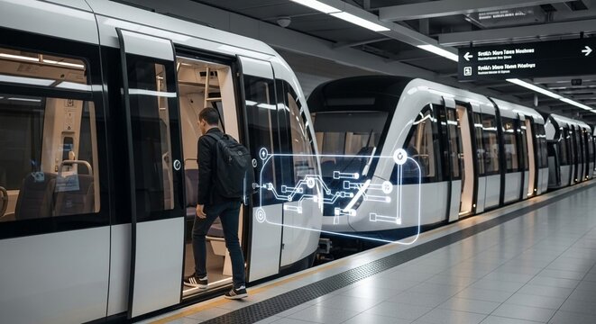 A lone commuter boards a futuristic autonomous train at a modern urban station, showcasing advanced transportation technology and intelligent systems.
