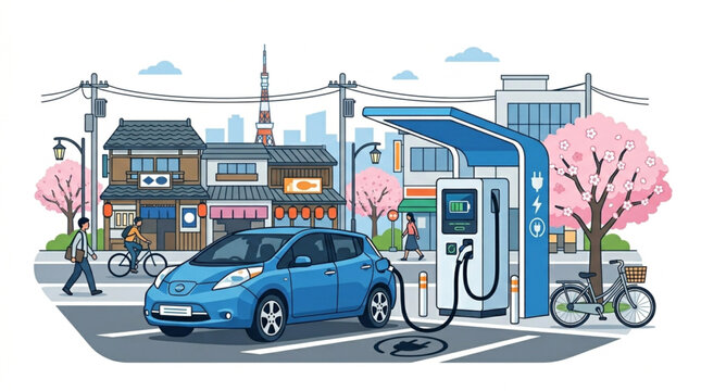 A blue electric car is charging at a modern station in a vibrant Japanese city street with traditional buildings and blooming cherry trees, conveying sustainability