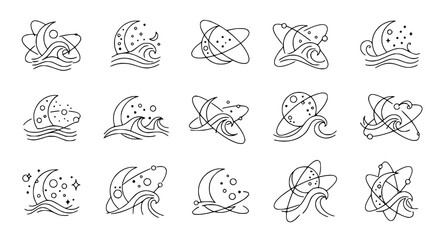 Cosmic Celestial Icons: Moon, Waves, Stars, Planets, Orbiting Shapes - Hand Drawn Line Art © Dika