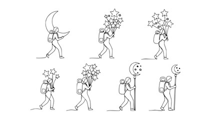 Obraz premium Dreamer carrying moon and stars, single line art, backpacker journey concept