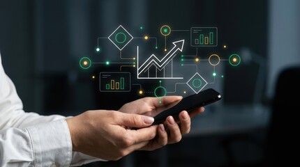 Fototapeta premium Person interacts with smartphone presenting futuristic digital interface with growth graph and data analysis, global network, business intelligence, digital modern technology business concept