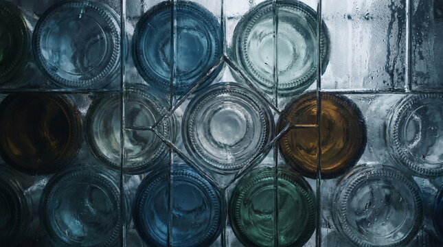 Abstract pattern of colorful recycled glass bottle bottoms set in a textured window panel with moisture condensation