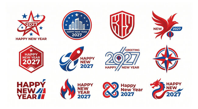 Set of twelve happy new year 2027 vector graphic logos with abstract rocket star and cityscape designs celebration greeting cityscape illustration seasonal typography calendar
