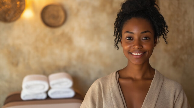 Smiling Female Spa Therapist in White Bathrobe Standing by Massage Table
