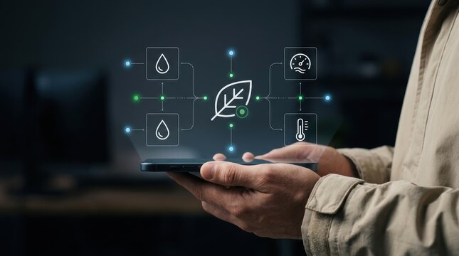 Person interacting with holographic smart agriculture interface projected from smartphone, data-driven decision, IoT technology, resource management, green computing modern technology business concept