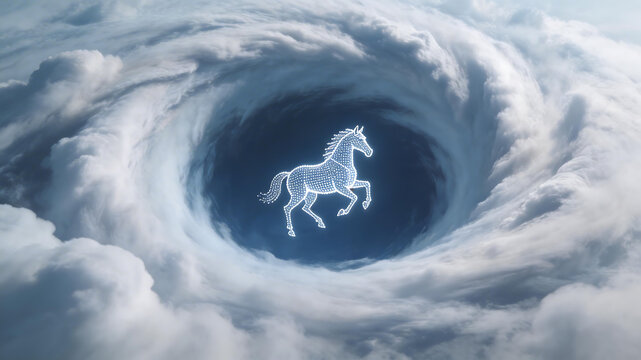 Horse in a swirling cloud vortex for outdoor lifestyle brands and nature documentaries