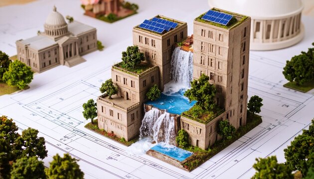 Eco‑friendly architectural model with waterfalls and solar rooftops