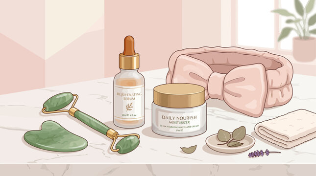 Self-care skincare collection with gua sha, jade roller, and beauty tools