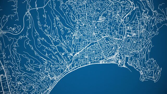Ink reveal animation of Nice, Alpes Maritimes, Provence Alpes C&ocirc;te d'Azur, France grid map. Aerial top view. Blueprint style. White lines with blue background. 4K Seamless loop.