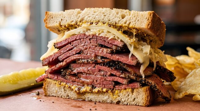 Delicious Pastrami Sandwich with Mustard, Sauerkraut, and Rye Bread, Served with Potato Chips and a Pickle Spear