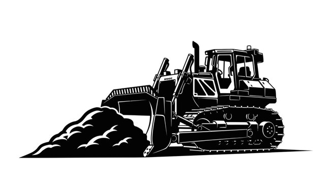 Bulldozer Pushing Dirt and Soil in Black and White Illustration